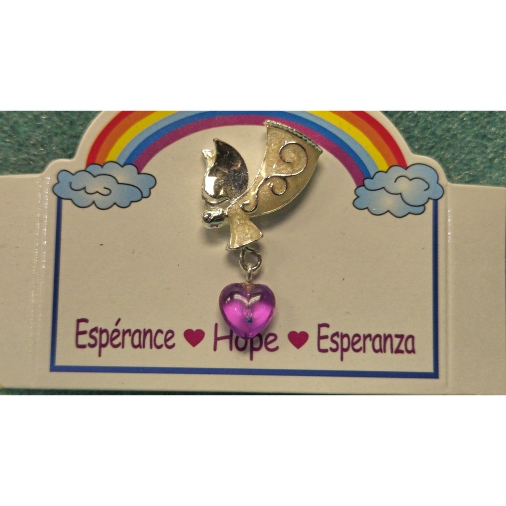 Silver Angel Pin with Dangling Pink Heart Charm Hope Rainbow Card